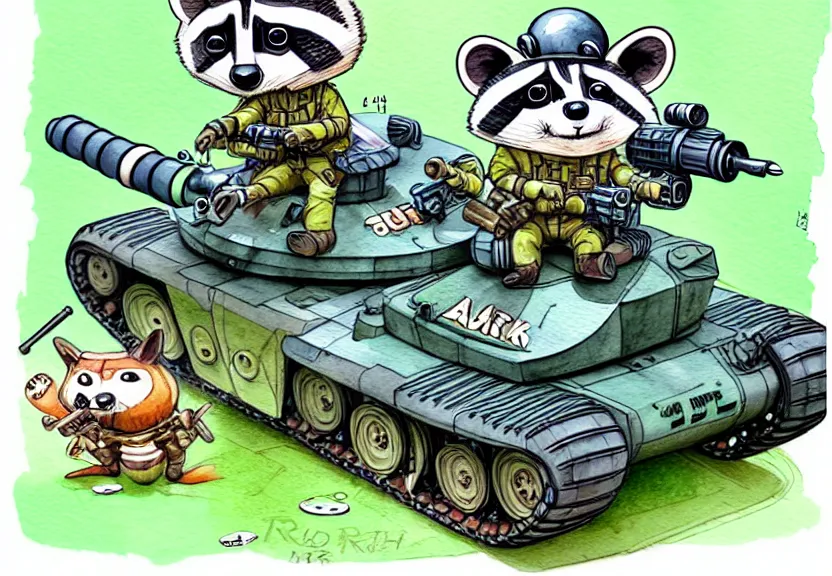 Image similar to cute and funny, racoon wearing army helmet riding in a tiny t 1 4 tank with large cannon, ratfink style by ed roth, centered award winning watercolor pen illustration, isometric illustration by chihiro iwasaki, edited by range murata