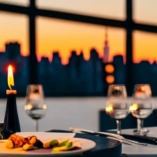 Prompt: artistic sparse simple luxurious glowing candle - lit dinner with wine bottle overlooking the blurred out new york city skyline