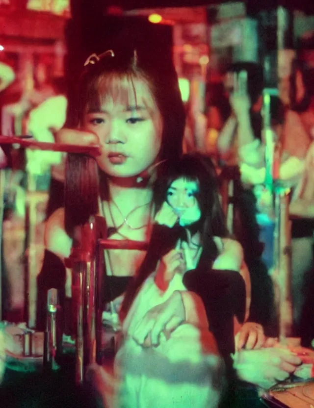 Prompt: asian school girl in a bar, neon light, wide angle coloured polaroid photograph with flash, kodak film stock, hyper real, stunning moody cinematography, with anamorphic lenses, by maripol, fallen angels by wong kar - wai, style of suspiria and neon demon, detailed