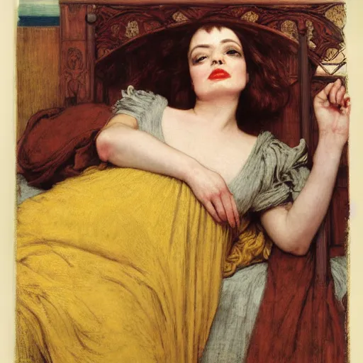 Prompt: reclining on bed, hybrid of judy garland and jo brand, aged 2 5, brown fringe, huge downslanted eyes, large full lips, medium shot, hipster, yellow ochre ornate medieval dress, john william waterhouse, kilian eng, rosetti, john everett millais, william holman hunt, william morris, 4 k