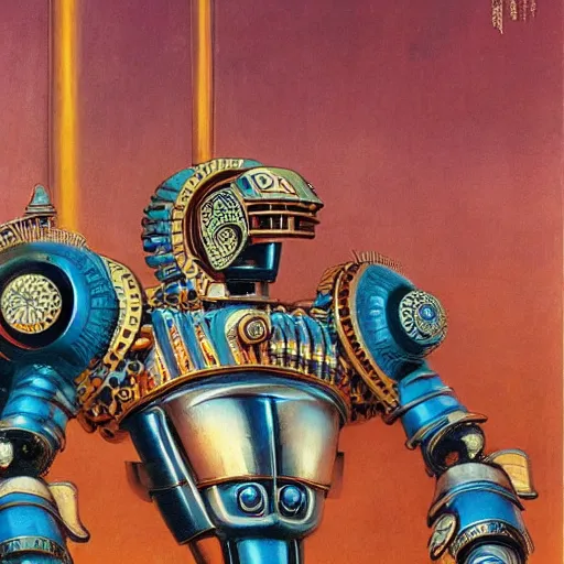 Image similar to elaborate mayan art deco mecha by j. c. leyendecker, barlowe, makoto kobayashi, and beksinski