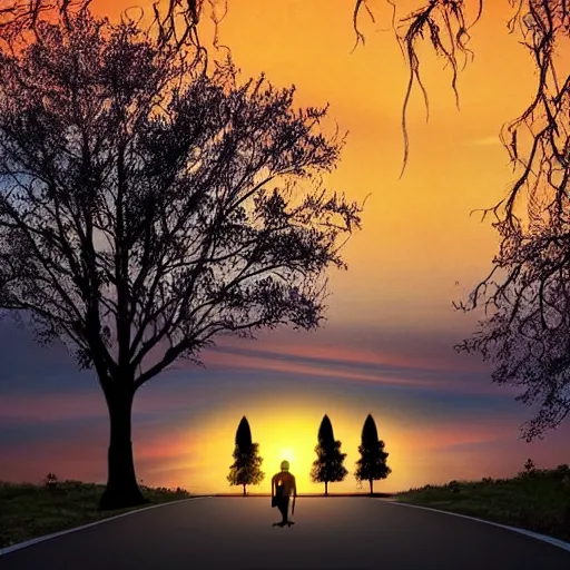Prompt: sunse, tree silhouettes, ghostly people, small town, nostalgic town, trees over roads