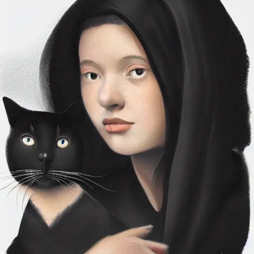 Image similar to a matte painting of a pale young girl in a black hoodie and black hair with a cat by frank lloyd wright and zaha hadid torch volume light stylized illustration digital airbrush painting, 3 d rim light, hyperrealistic masterpiece, artstation, cgsociety, kodakchrome, golden ratio