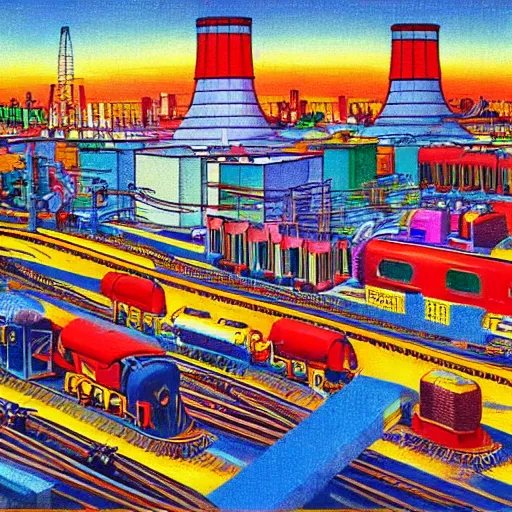 Prompt: utopian nuclear power station in a bustling city with trains and crowds, bright colours, in the style of Edwin La Dell, post-war