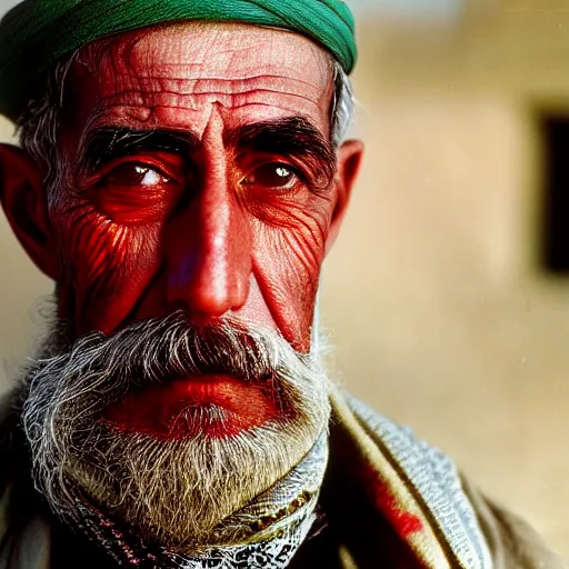 Image similar to portrait of president woodrow wilson as afghan man, green eyes and red scarf looking intently, photograph by steve mccurry