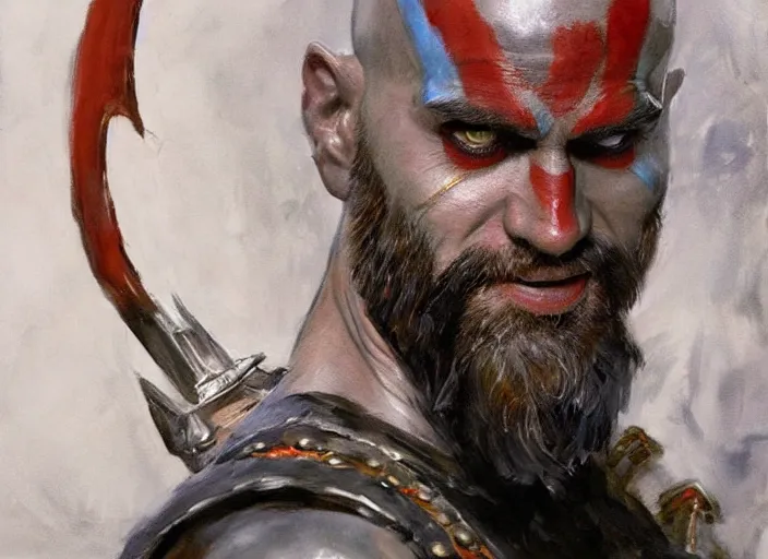 Image similar to a highly detailed beautiful portrait of jim carrey as kratos, by gregory manchess, james gurney, james jean