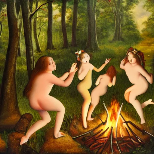 Image similar to painting of nymphs dancing around a campfire in the middle of the forest, happy, playful, joyful