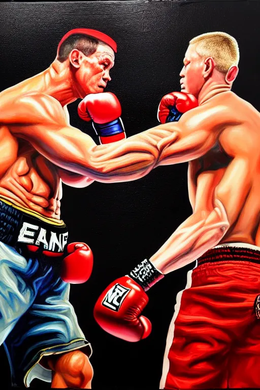 Image similar to john cena fight with eminem, battle rap, california, this painting contains only two people, avoid duplicate images, avoid unrealistic images, sweat, cinematic, ultra realistic, photo epic of the year, hyper detail, elaborate, baroque objects, good proportions, taken with the best dlsr camera