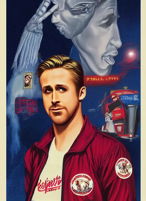 Prompt: ryan gosling in letterman jacket, twin peaks poster art, by michael whelan, rossetti bouguereau, artgerm, retro, nostalgic, old fashioned, 1 9 8 0 s teen horror novel cover, book