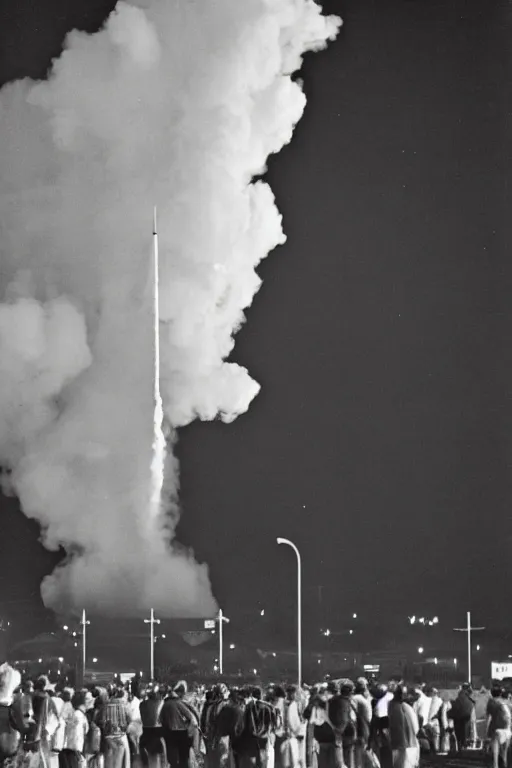 Image similar to photograph of a 1 9 9 0 s era rocket launching and leaving huge plumes of smoke, large crowds of people watching in astonishment, cinematic, night, rain