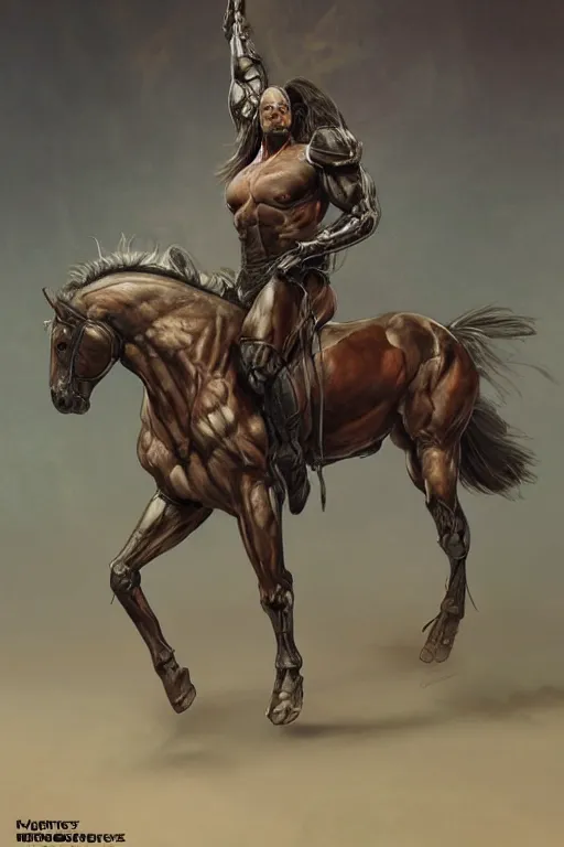 Prompt: a monstrously muscular anthro horse wearing a tight high - tech combat bodysuit, full body, sci - fi, highly detailed, digital painting, artstation, concept art, sharp focus, illustration, art by artgerm and greg rutkowski and alphonse mucha