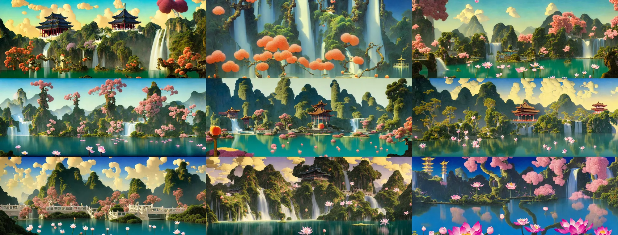 Image similar to a gorgeous painting by barlowe wayne, maxfield parrish and marco mazzoni. xanadu chinese temple on a platform that extends over a great waterfall, a huge tallest magnificent peach blossom tree glowing, bridge. azure. ultra clear detailed. 3 d, octane render. a lake full of lotus flowers, chinese cloud. 8 k.