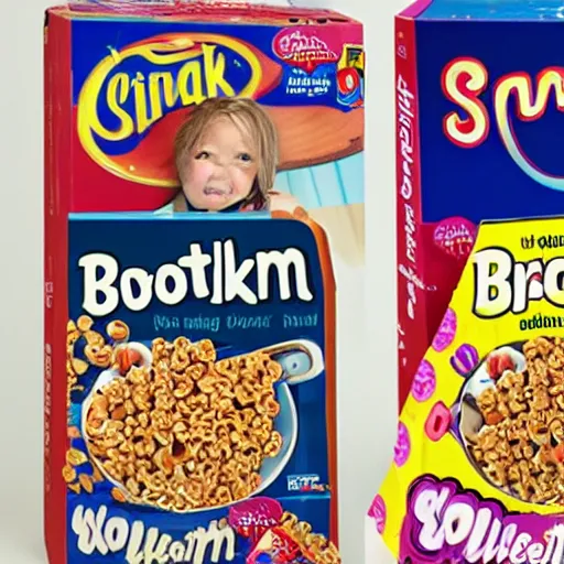 Image similar to photo of a cereal - box with a picture of a smiling broken - toothed child on the cover