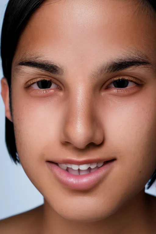 Image similar to close up headshot of an androgynous Hispanic teen with medium length slightly wavy black hair a wide smile brown eyes a small nose tidy plucked eyebrows dark brown eyes and a diamond shaped face, high resolution film still, 8k, gazing dark brown eyes, HDR color