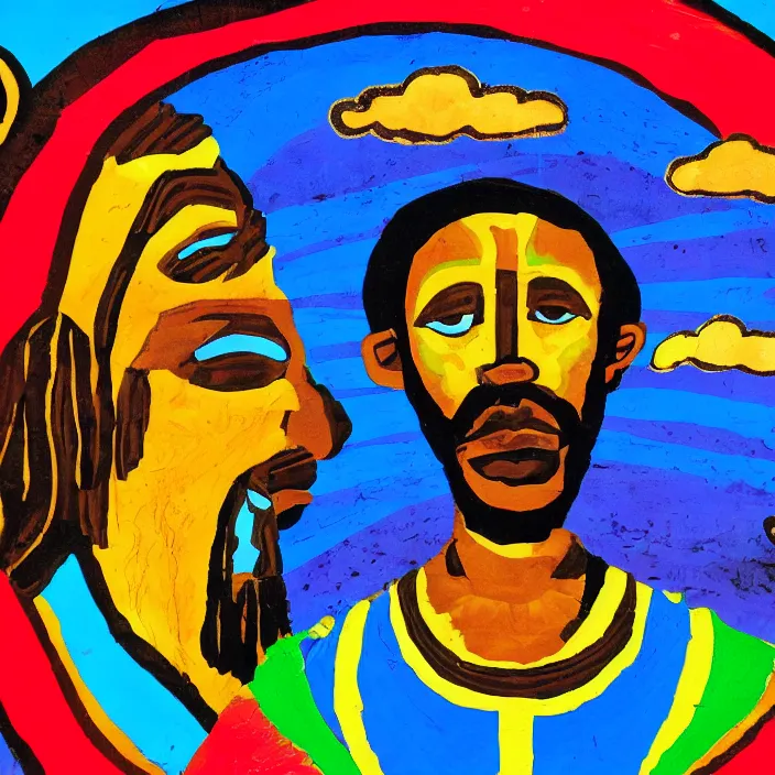 Image similar to UFO hovering over an African Jesus , clouds, colorful, in the style of African bus art,