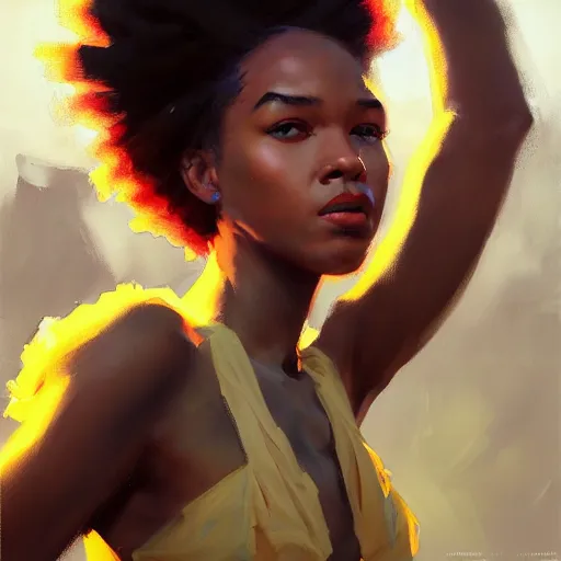 Prompt: Greg Manchess portrait painting of a beautiful 16 year old afropunk blasian character, medium shot, asymmetrical, profile picture, Organic Painting, sunset day, matte painting, bold shapes, hard edges, street art, trending on artstation, by Huang Guangjian and Gil Elvgren and Sachin Teng