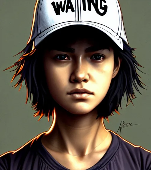 Image similar to symmetry ( clementine from the walking dead wearing her iconic baseball ( letter d ) hat portrait ) ultra detailed, intricate, anime, dynamic lighting, digital art, digital painting, art station, wlop, sharp focus, illustration, art by artgerm and greg rutkowski and alphonse mucha