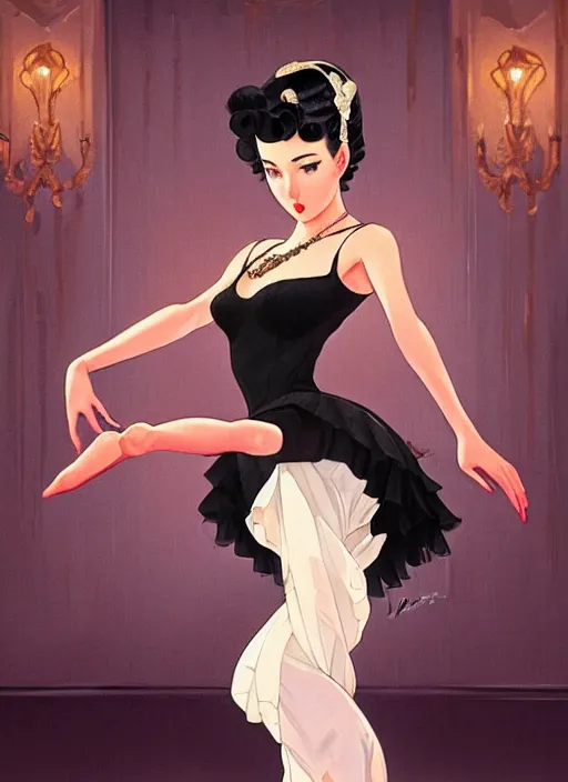 Image similar to a beautiful dancer with black hair in 1940's fashion, ballroom background, intricate, highly detailed, digital painting, artstation, official media, anime key visual, concept art, rich vivid colors, ambient lighting, sharp focus, illustration, art by Artgerm, Makoto Shinkai, Ilya Kuvshinov, Lois Van Baarle, and Rossdraws