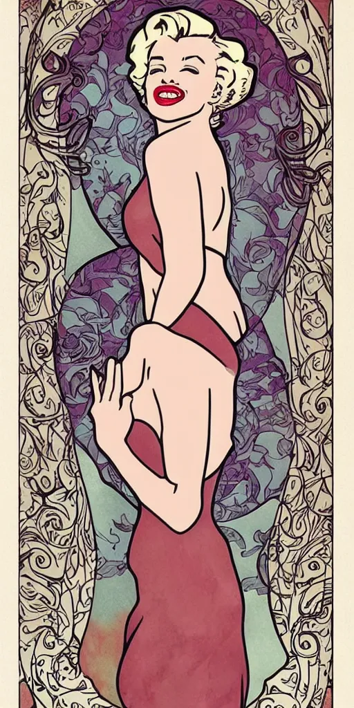 Prompt: marilyn monroe in the style of mucha