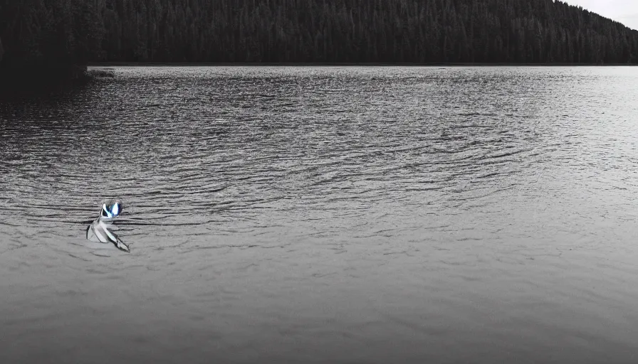 Prompt: rope floating to surface of water in the middle of the lake, overcast lake, 2 4 mm leica anamorphic lens, moody scene, stunning composition, hyper detailed