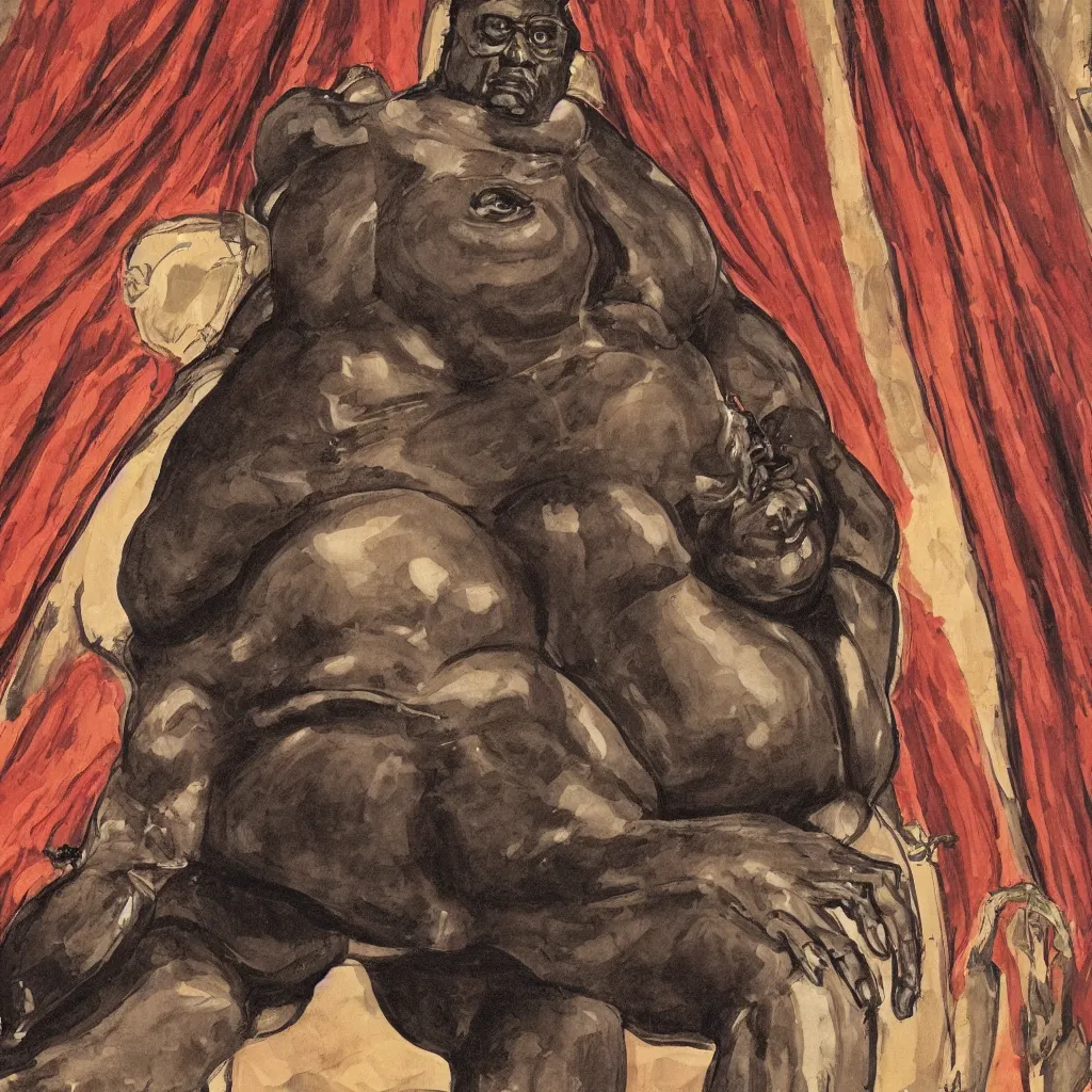 Image similar to style of frank miller, anatomically correct portrait of big black man sitting on throne, background made of big curtains