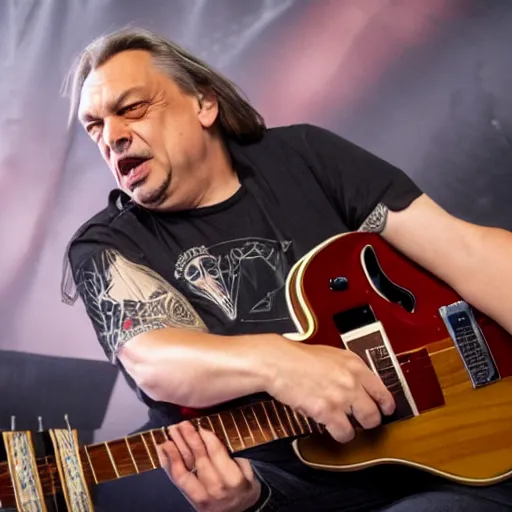 Image similar to heavy metal viktor orban with a flying v guitar