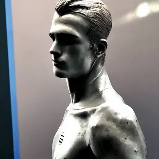 Image similar to “ a realistic detailed photo of a guy who is an attractive humanoid who is half robot and half humanoid, who is a male android, soccer player antoine griezmann, shiny skin, posing like a statue, blank stare, at the museum, on display ”