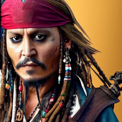 Prompt: johnny depp as jack sparrow with a parrot on the shoulder, realistic portrait, 8k resolution, hyper detailed, studio lighting, cinematic