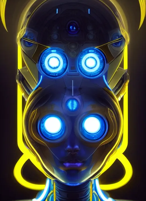 Prompt: symmetry!! portrait of a robot with big eyes, sci - fi, tech wear, blue and yellow glowing lights!! intricate, elegant, highly detailed, digital painting, artstation, concept art, smooth, sharp focus, illustration, art by artgerm and greg rutkowski and alphonse mucha