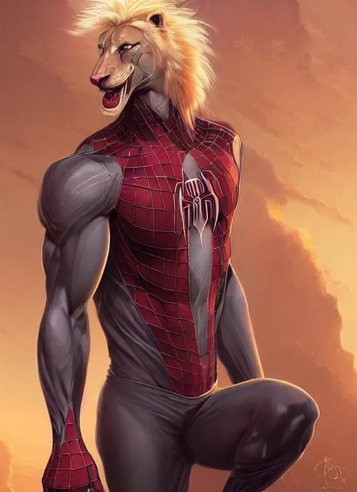 Image similar to aesthetic portrait commission of a of a male fully furry muscular anthro albino lion wearing an attractive sci-fi cybperpunk Spiderman suit with a tail and a beautiful attractive hyperdetailed face at golden hour. Character design by charlie bowater, ross tran, artgerm, and makoto shinkai, detailed, inked, western comic book art, 2021 award winning film poster painting