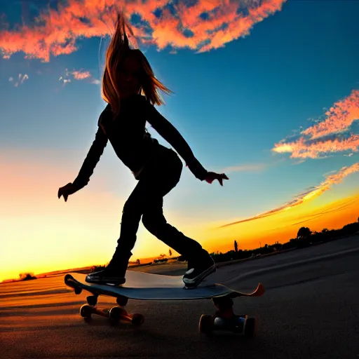 Image similar to skater girl in california at sunset, 4 k, 3 d