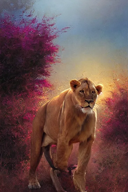 Image similar to spiritual twin flame lioness walking around art, pink sunset hue, highly detailed, oil painting hue, by craig mullins