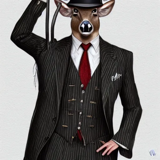 Image similar to a upper body portrait of a deer lord in a pinstriped suit and pants wearing a fedora with the antlers sticking out of the fedora by artgerm and wlop, intricate detail, digital art, photorealistic, trending on artstation