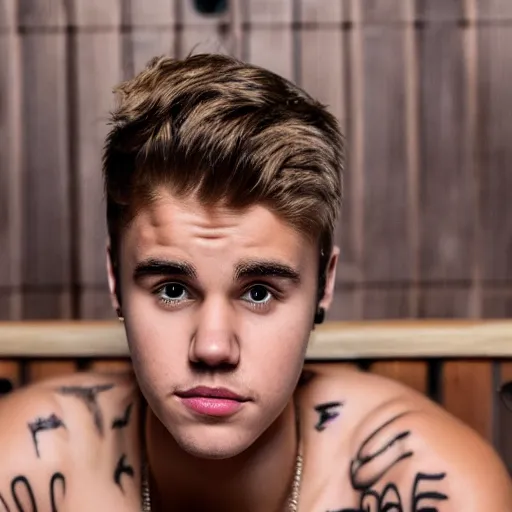 Prompt: high-resolution photograph of Justin Bieber in a sauna with really hairy chest