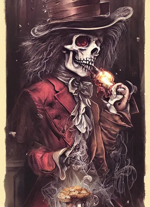 Image similar to Mad hatter smoking a pipe, death tarot card,highly detailed,half skull face,cinematic,8k,by Stanley Artgermm,Tom Bagshaw,Greg Rutkowski,Carne Griffiths, Ayami Kojima, Beksinski, Giger,trending on DeviantArt,hyper detailed,horror, full of colour