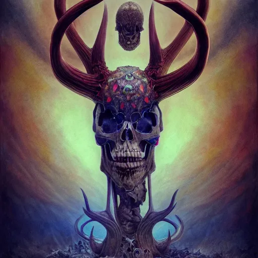 Prompt: gigantic skull of evil screaming, antlers, strange symbols, perfect symmetry, mandala, fantasy painting, ultra realistic, intricate details, digital painting, rainbowshift, vivid colors, highly detailed, sharp focus, golden ratio, by peter mohrbacher, h. r. giger, maxfield parrish, craig mullins, octane render, cgi,