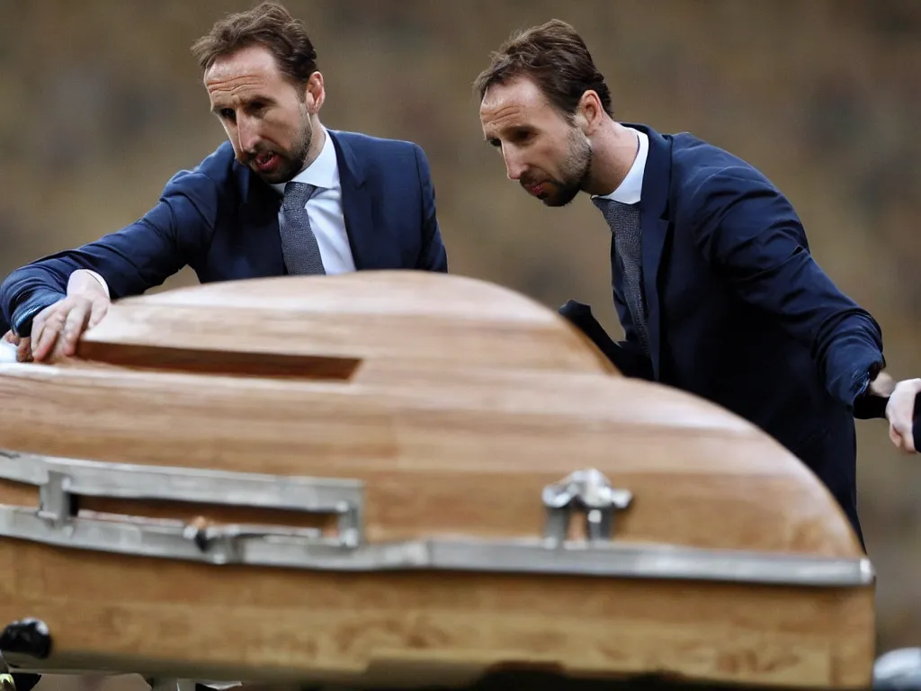 Prompt: a solemn perfect photograph of gareth southgate placing a soccer ball into a coffin decorated with hate mail.