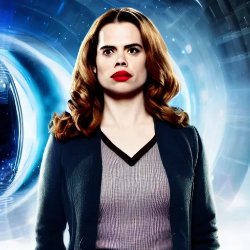 Prompt: a full body photograph of hayley atwell as'doctor who ', time vortex in the background, detailed face, symmetrical face, extreme realism and detail, 8 k, completely framed, direct lighting, 3 5 mm photo, photorealistic, sharp focus
