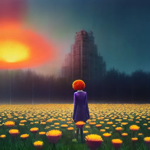 Image similar to giant daisy flower covering head, frontal, a girl in a suit, surreal photography, sunrise, dramatic light, impressionist painting, digital painting, artstation, simon stalenhag