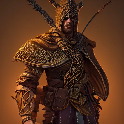 Image similar to D&D rogue character art Arabian warrior, intricate ornate armor, muscle, full body portraits, 35mm, position, cinematic litghing, realism concept art composition, ultra realistic, realism, cinematic, photorealistic, epic scene, low-key lighting, renderman, physically based render, dolby vision, 4k, super detailed, 8K, fantasy, detailed painting, long neck, long anatomy, mixed up, extra anatomy, style of charlie bowater, tom bagsgaw, artgerm, rule of thirds