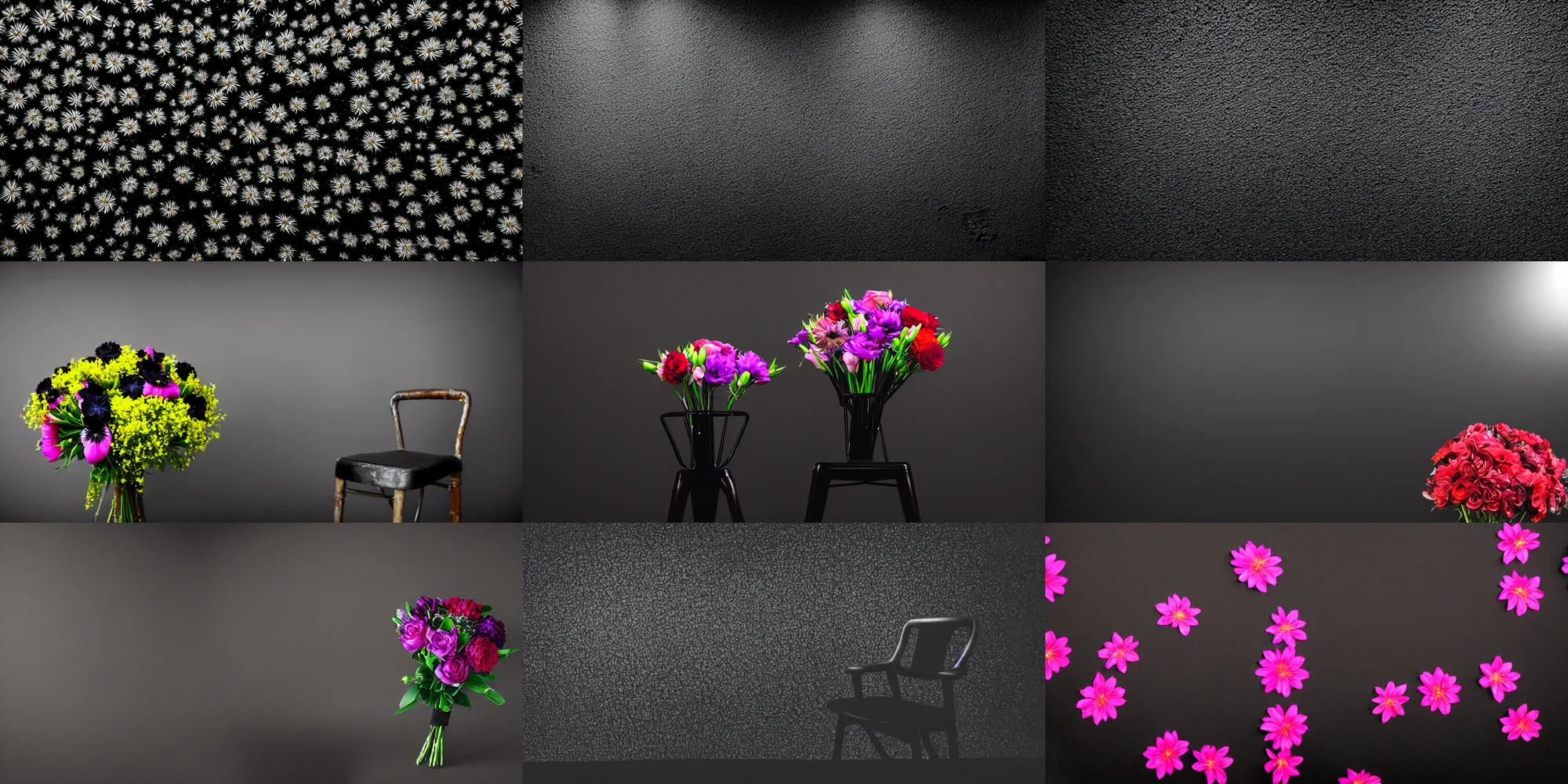 Prompt: detailed studio photograph, wide angle, black!!! background!!! pitch black!!! studio setting, darkness, high quality, elegance, tv production, pitch black background, single chair, single chair, small vibrant colorful flower bouquet