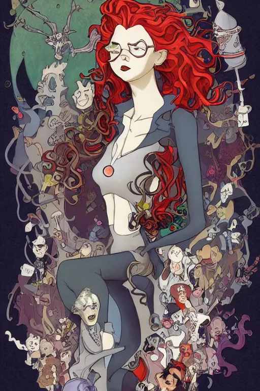 Prompt: portrait of crazy mad lady scientist, cruella devil, merida, olivier armstrong, elsa, elastigirl, vanellope von schweetz, flame princess, toph, garnet, mikasa ackerman, stylized illustration by peter mohrbacher, moebius, mucha, victo ngai, colorful comics style, clean line