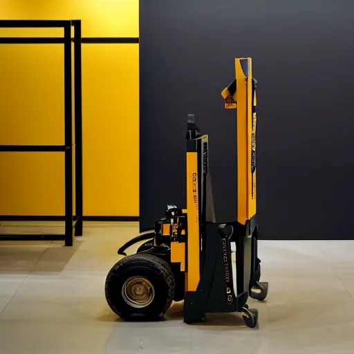 Prompt: a photo of an exhibition of a pure gold pallet truck, in a modern museum, spot lights on the pallet truck, black background.