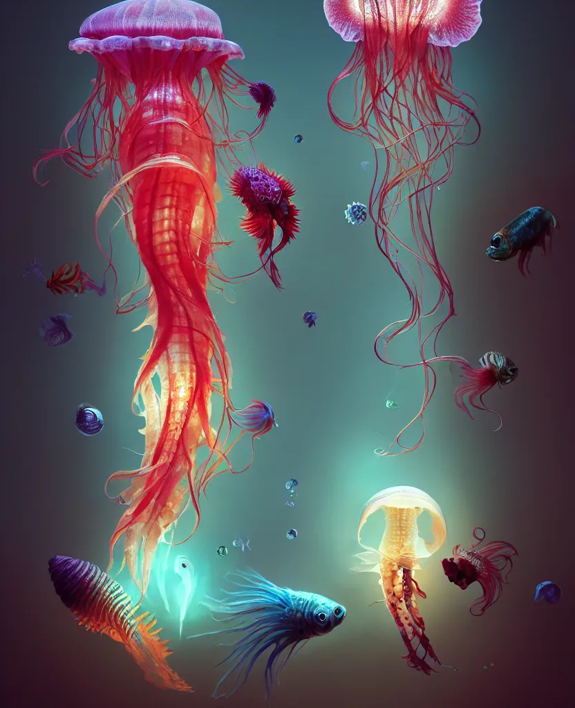 Image similar to human thorax, jellyfish phoenix head, nautilus, orchid, skull, betta fish, bioluminiscent creatures, intricate artwork by Tooth Wu and wlop and beeple. octane render, trending on artstation, greg rutkowski very coherent symmetrical artwork. cinematic, hyper realism, high detail, octane render, 8k