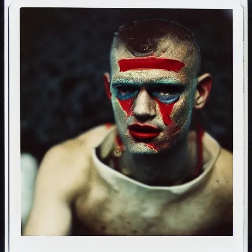 Image similar to an albanian cyborg in antarctica, 9 0 s polaroid, colored, by jamel shabbaz, robert mapplethorpe, davide sorrenti