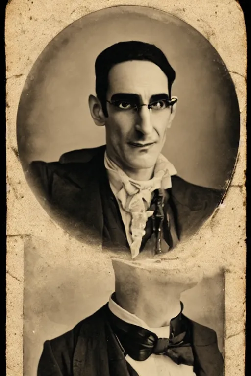Prompt: portrait of patrick fischler as a snake oil salesman, daguerreotype, steampunk, groovy