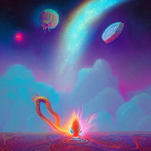 Prompt: ultradetailed matte painting of serene milky way and exploding nebulas with nebullae made out of flaming in shore by beeple, alex grey, charles schulz, dr. seuss, roberto da matta and rhads, featured on artstation