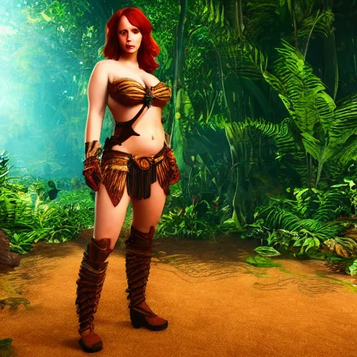 Prompt: Christina Hendricks as Amazon jungle warrior, unreal engine, 4k, cinema effect,