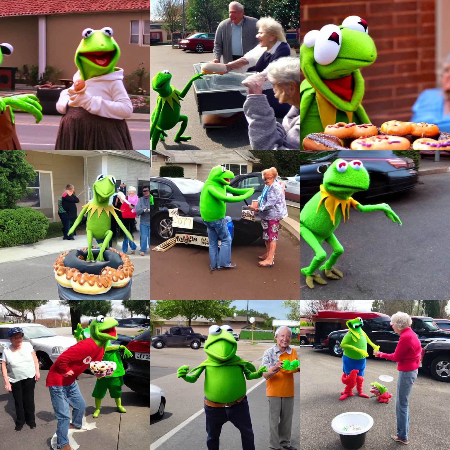 Prompt: kermit throwing donuts at old people