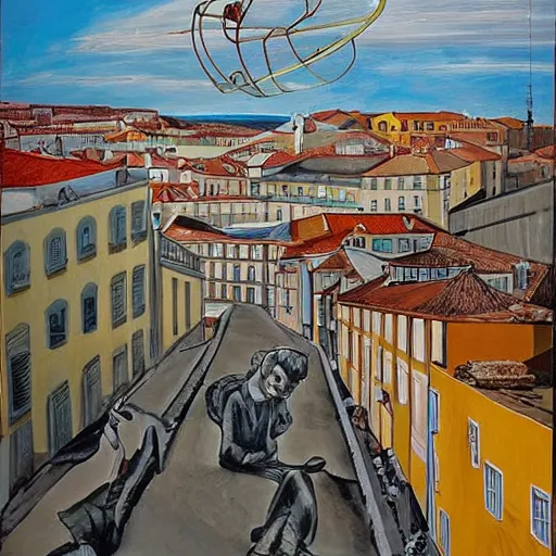 Image similar to street art. paralyzed by the indescribable beauty of the cosmos. amazing view of the streests of lisbon city. art style by paula rego daring, incredible